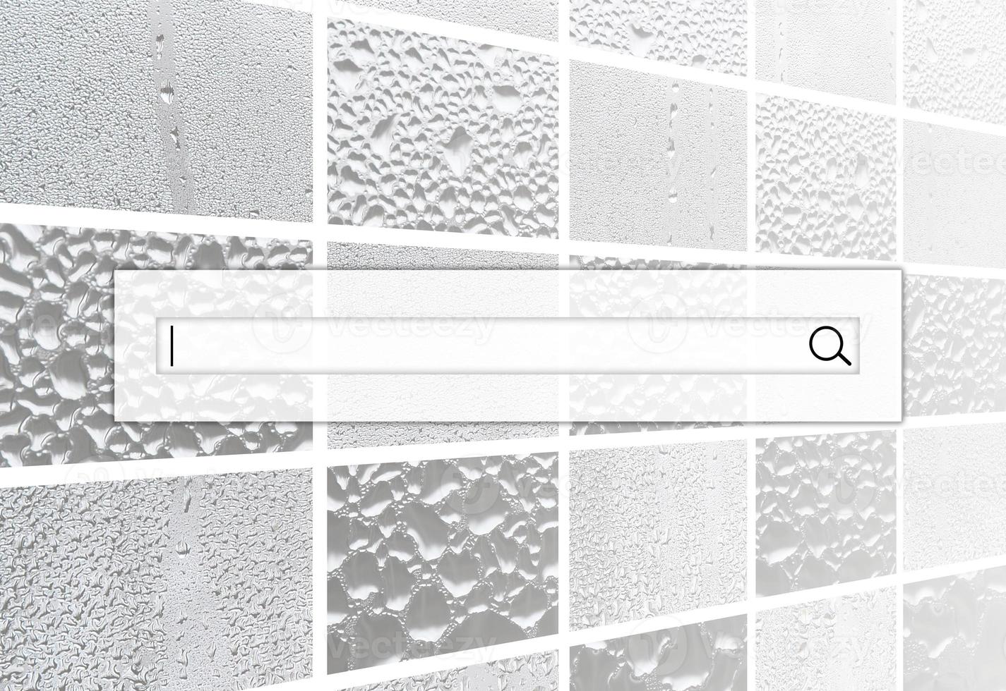 The search field is located on top of collage of many different fragments of glass, decorated with rain drops from the condensate. Black and white tones photo