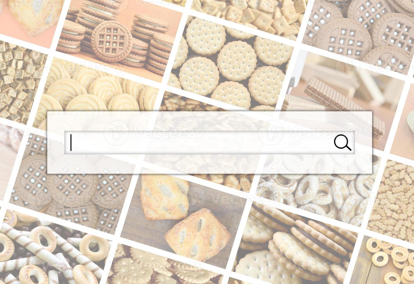 Visualization of the search bar on the background of a collage of many pictures with various sweets close-up. A set of images with varieties of biscuits, bagels and candies photo