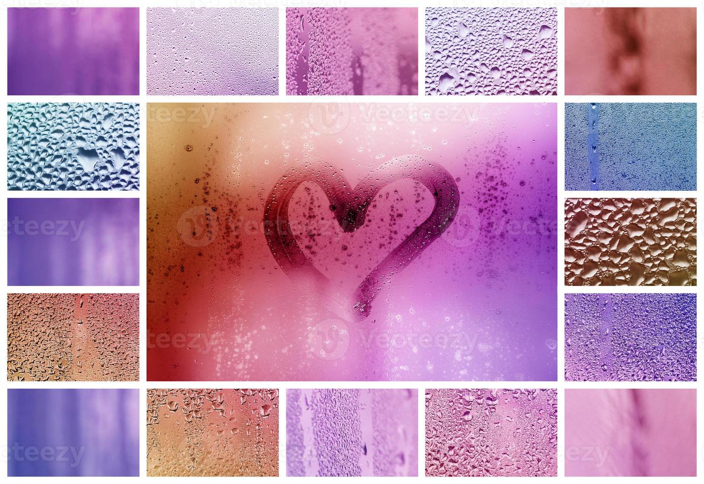 un collage de diferentes fragmentos de vidrio, decorado con gotas de lluvia del condensado y un corazón pintado en el centro foto
