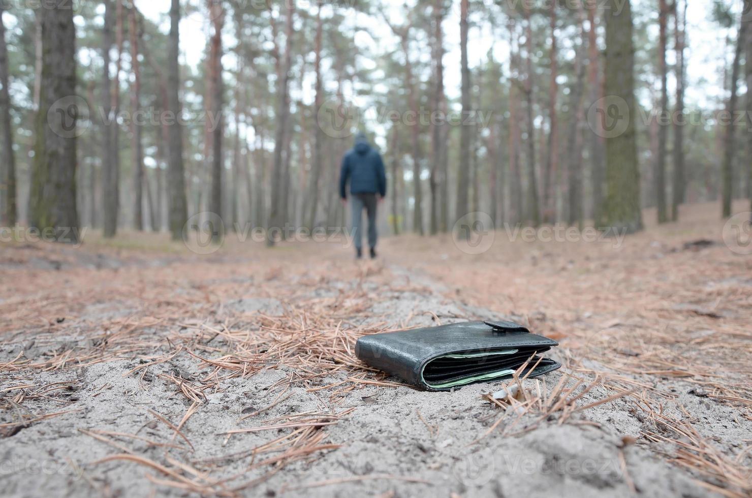 el joven pierde su bolso con billetes de euro en el camino de madera de abeto de otoño ruso. descuido y pérdida del concepto de billetera foto