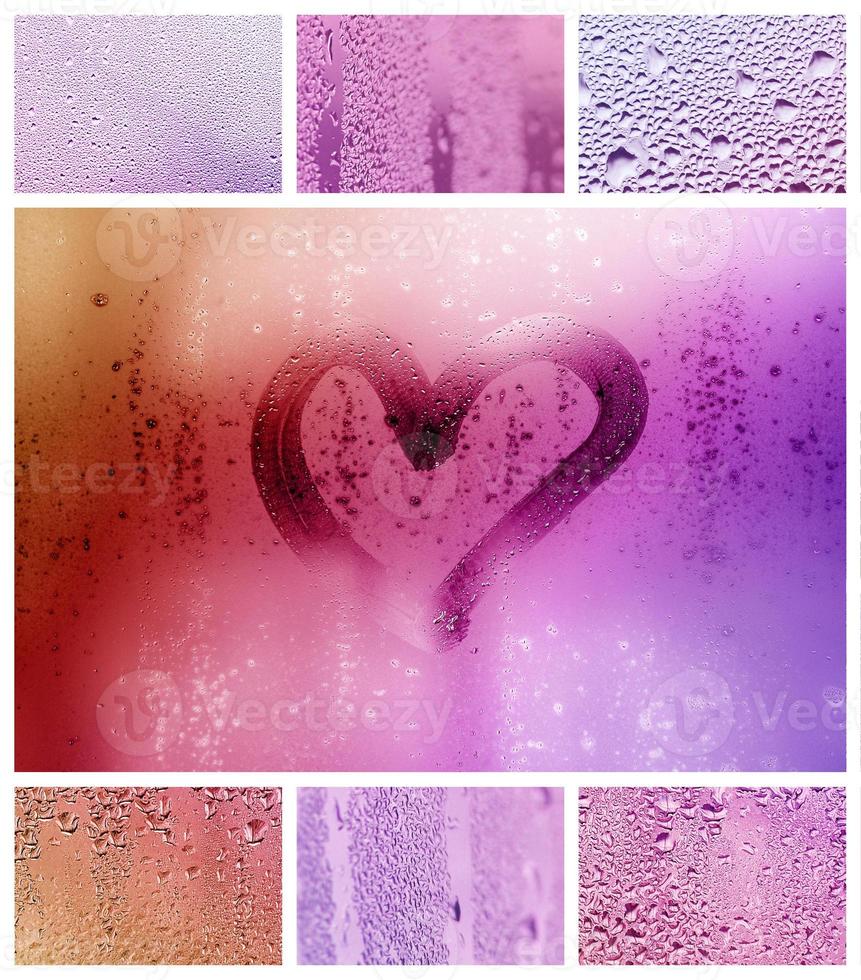 un collage de diferentes fragmentos de vidrio, decorado con gotas de lluvia del condensado y un corazón pintado en el centro foto