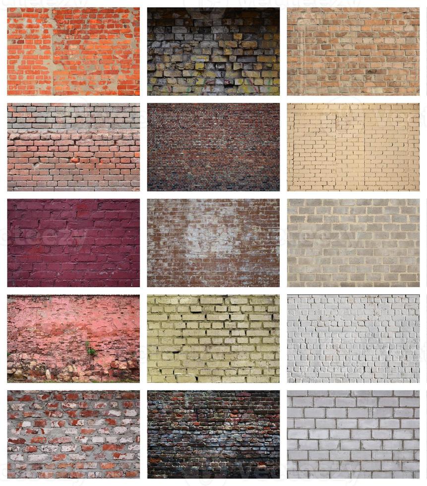 A collage of many pictures with fragments of brick walls of different colors close-up. Set of images with varieties of brickwork photo