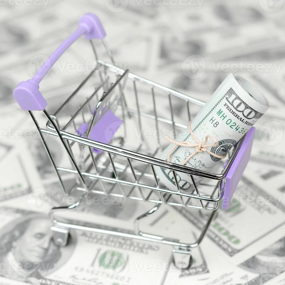 Small shopping trolley with dollars banknotes. Concept of cashback and bargains on sale photo