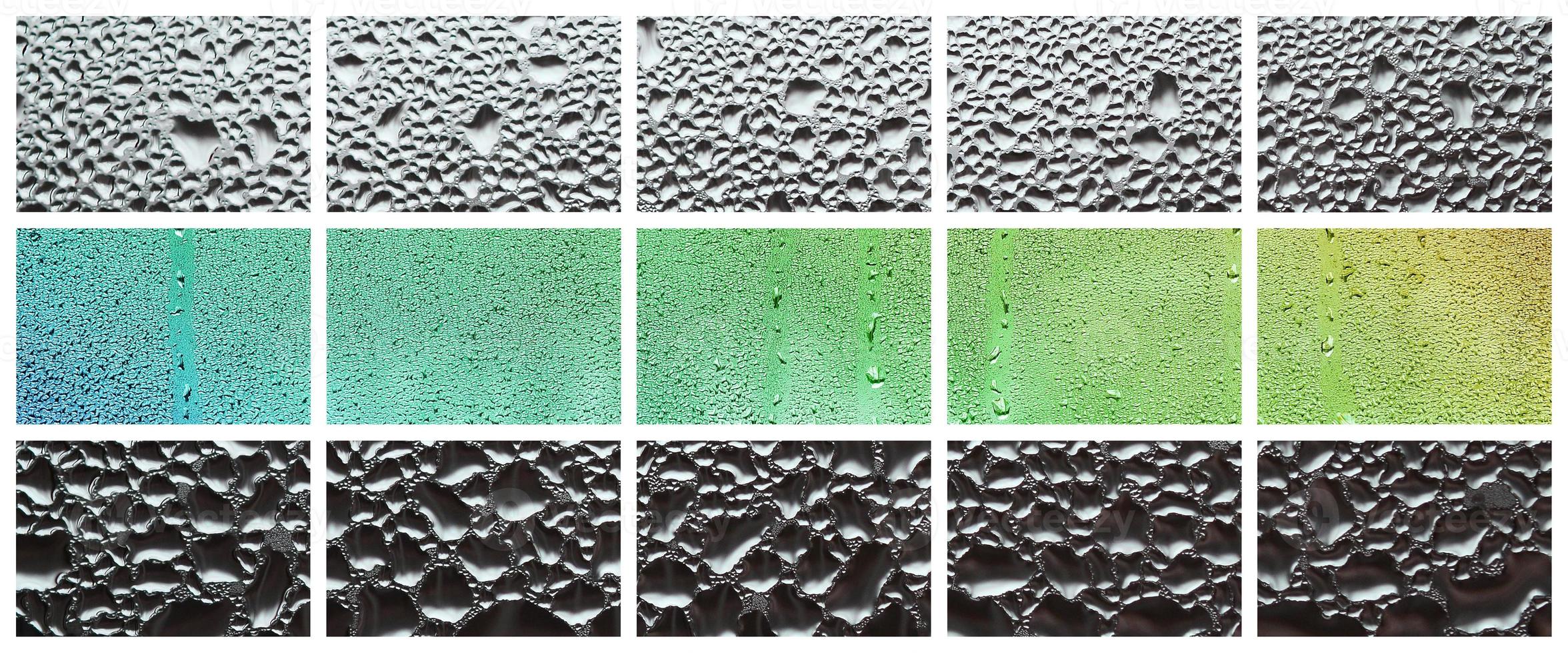 A collage of many different fragments of glass, decorated with rain drops from the condensate. Spring tones with green and blue colors photo