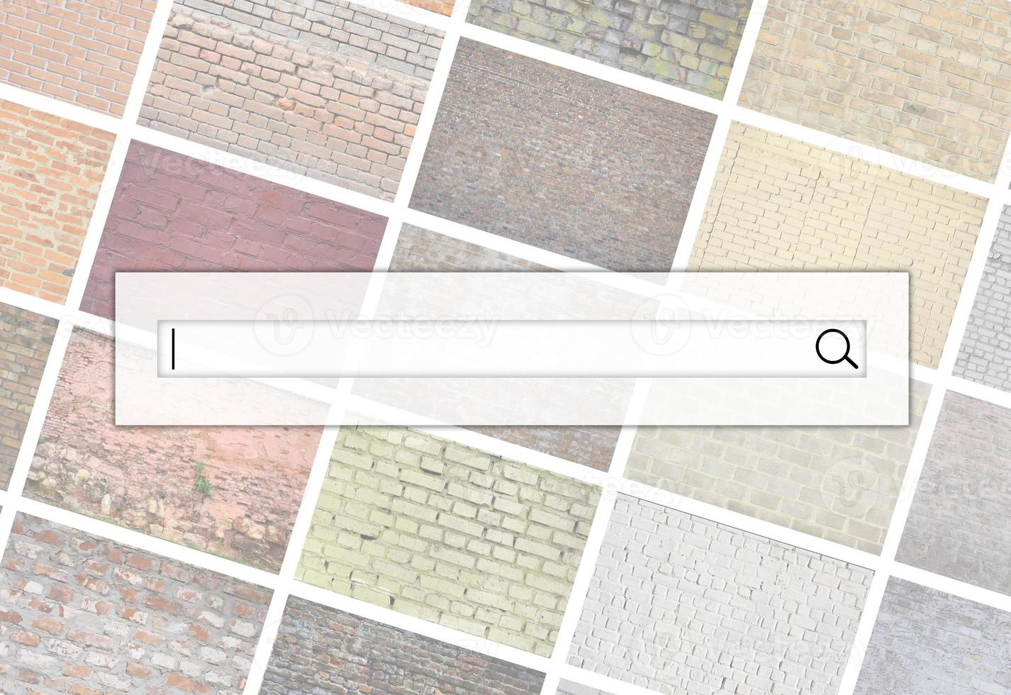 Visualization of the search bar on the background of a collage of many pictures with fragments of brick walls of different colors close-up. Set of images with varieties of brickwork photo