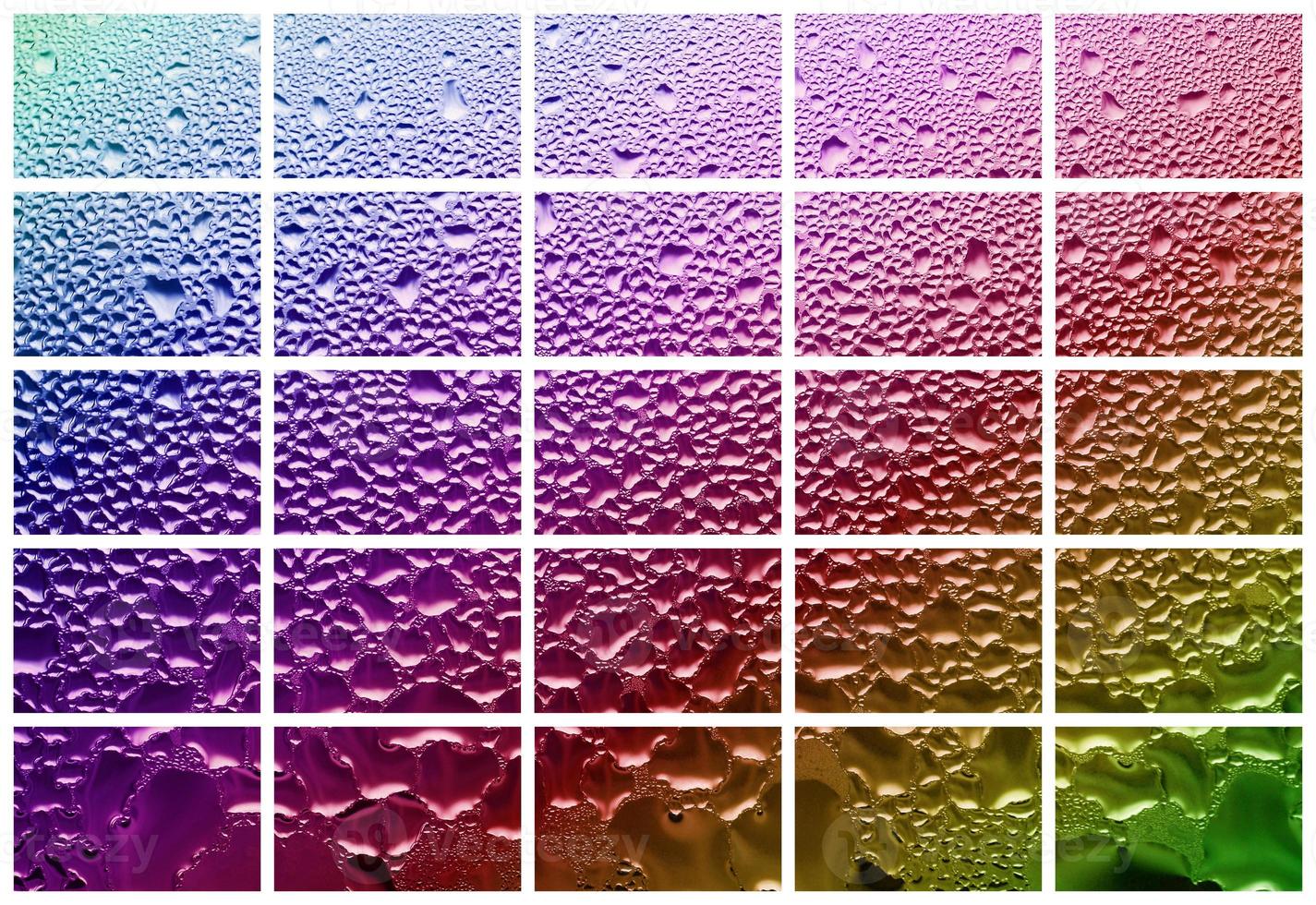 A collage of many different fragments of glass, decorated with rain drops from the condensate. Rainbow colors photo