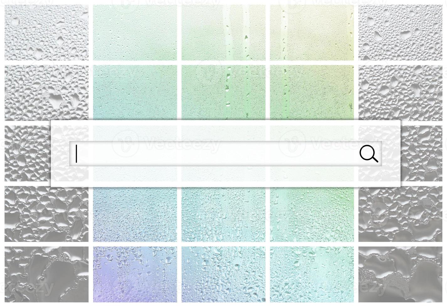 The search field is located on top of collage of many different fragments of glass, decorated with rain drops from the condensate. Rainbow colors photo