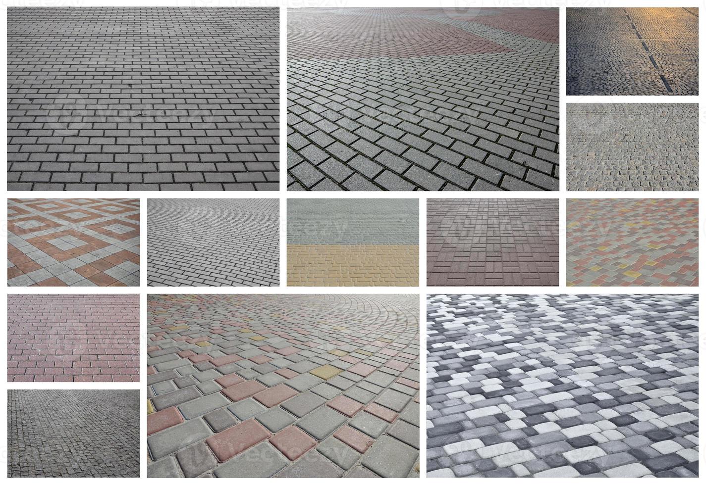 A collage of many pictures with fragments of paving tiles close-up. Set of images with pavement stone photo