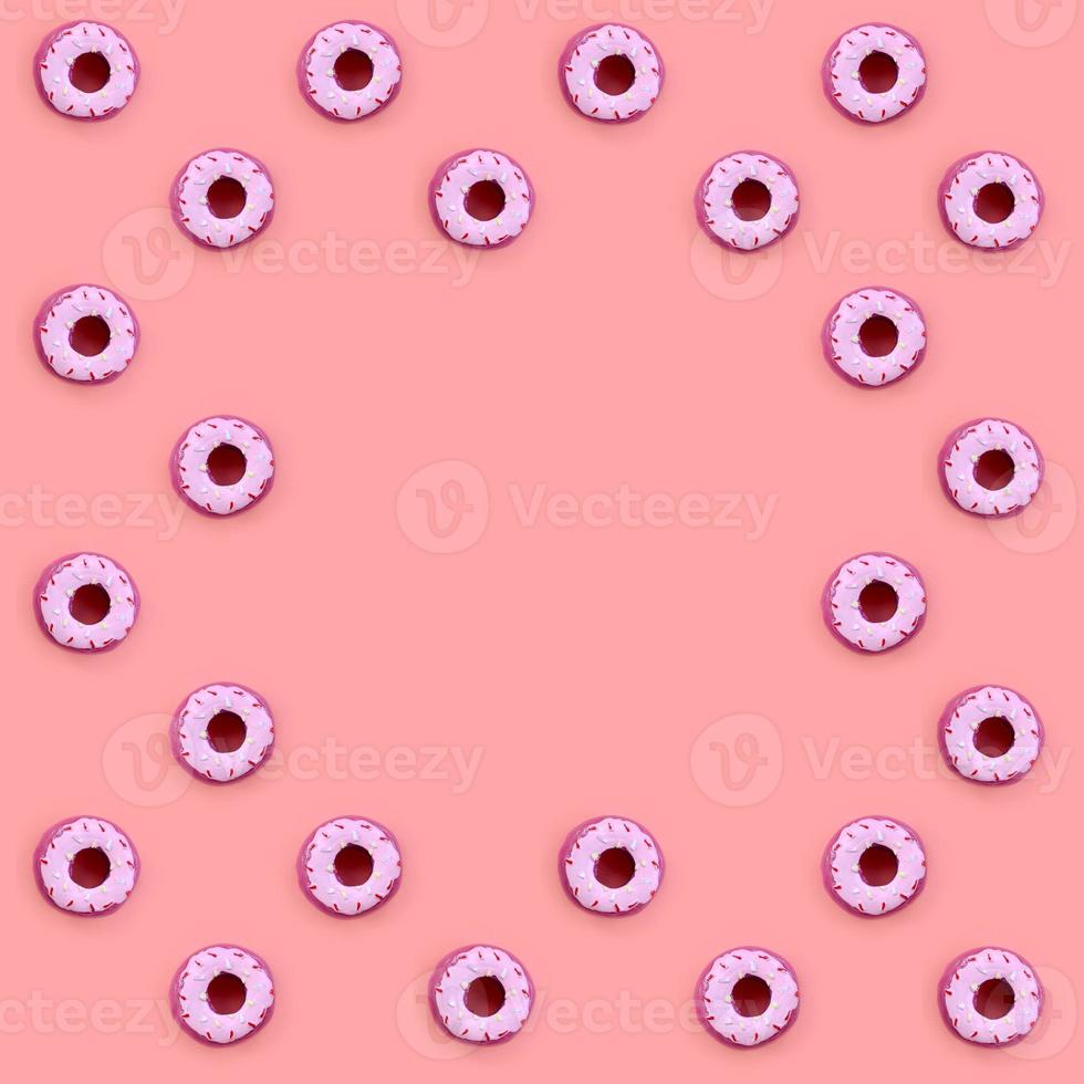 Many small plastic donuts lies on a pastel colorful background. Flat lay minimal pattern. Top view photo