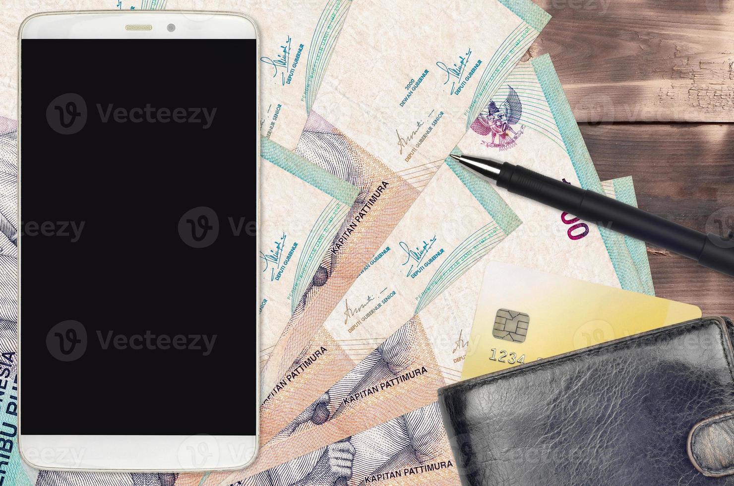 1000 Indonesian rupiah bills and smartphone with purse and credit card. E-payments or e-commerce concept. Online shopping and business with portable devices photo