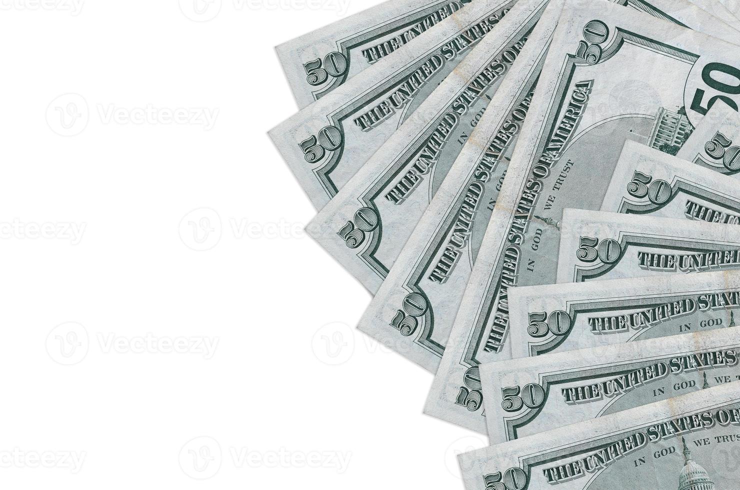 50 US dollars bills lies isolated on white background with copy space. Rich life conceptual background photo