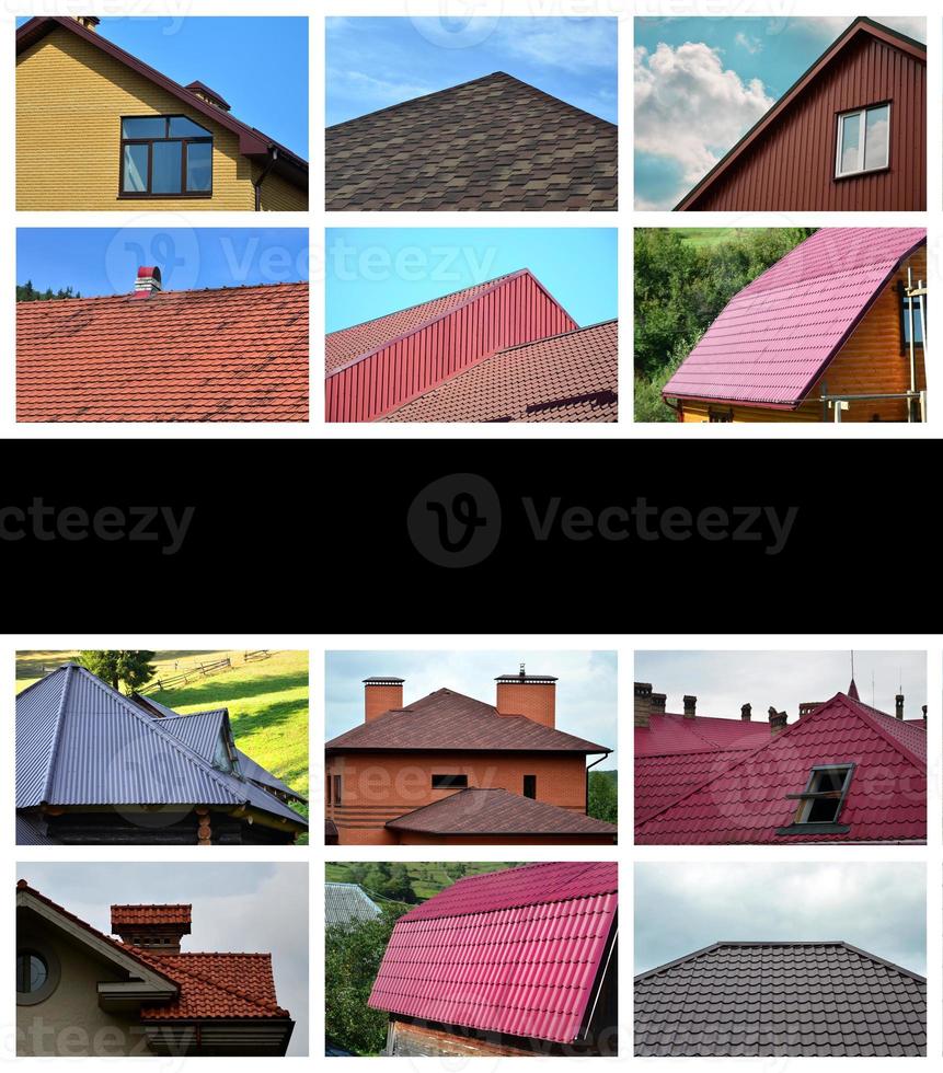 A collage of many pictures with fragments of various types of roofing. Set of images with roofs photo