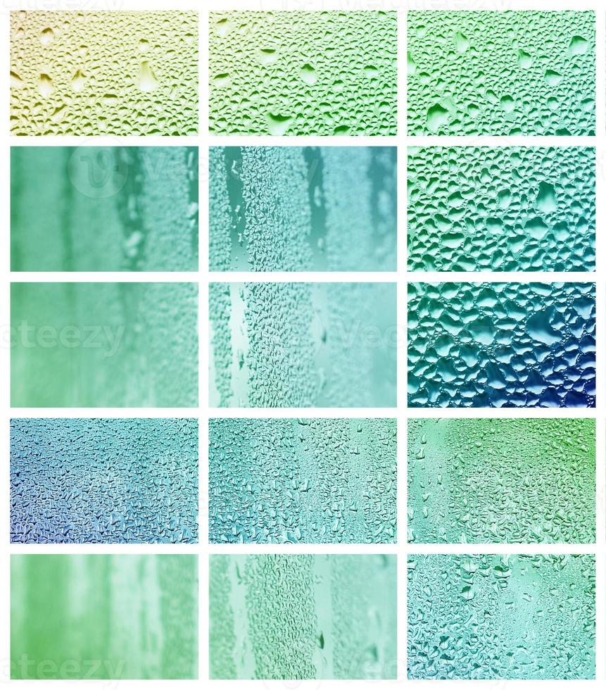 A collage of many different fragments of glass, decorated with rain drops from the condensate. Spring tones with green and blue colors photo