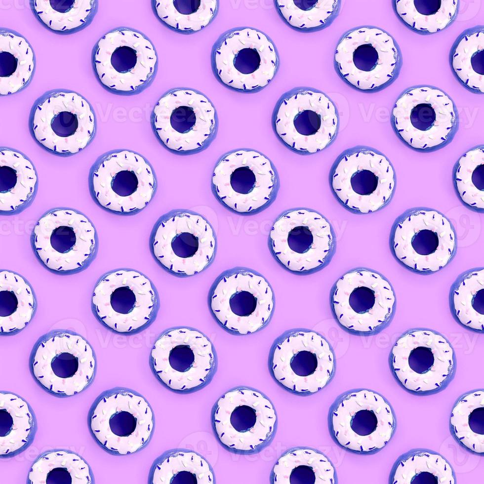 Many small plastic donuts lies on a pastel colorful background. Flat lay minimal pattern. Top view photo