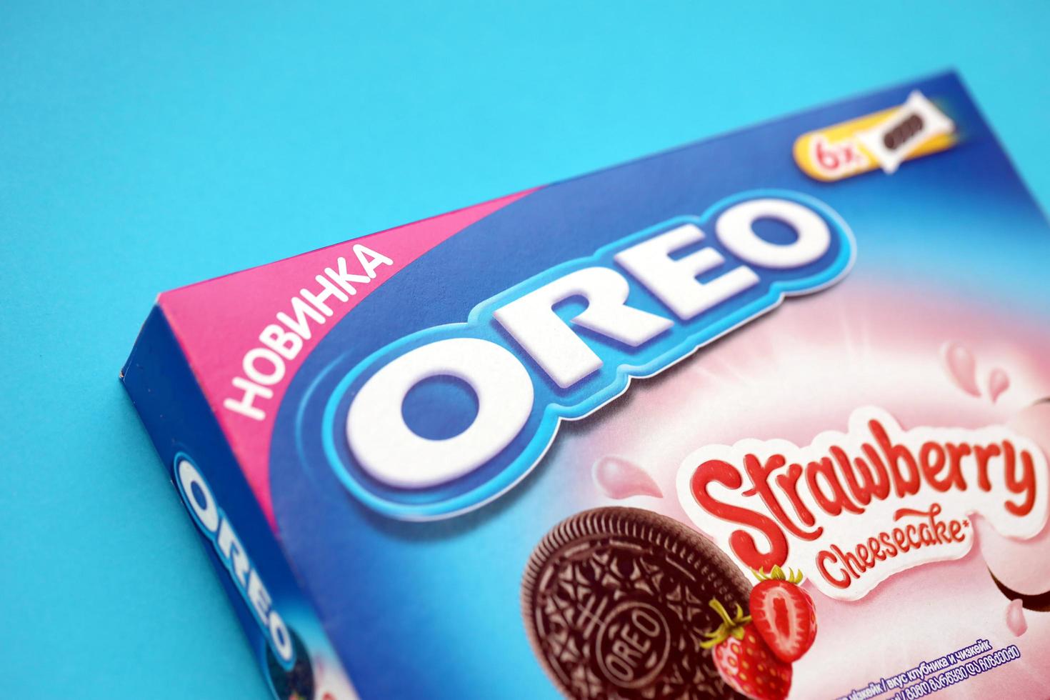 TERNOPIL, UKRAINE - MAY 28, 2022 Oreo strawberry cheesecake crispy cookie box. The brand Oreo is owned by company Mondelez international photo