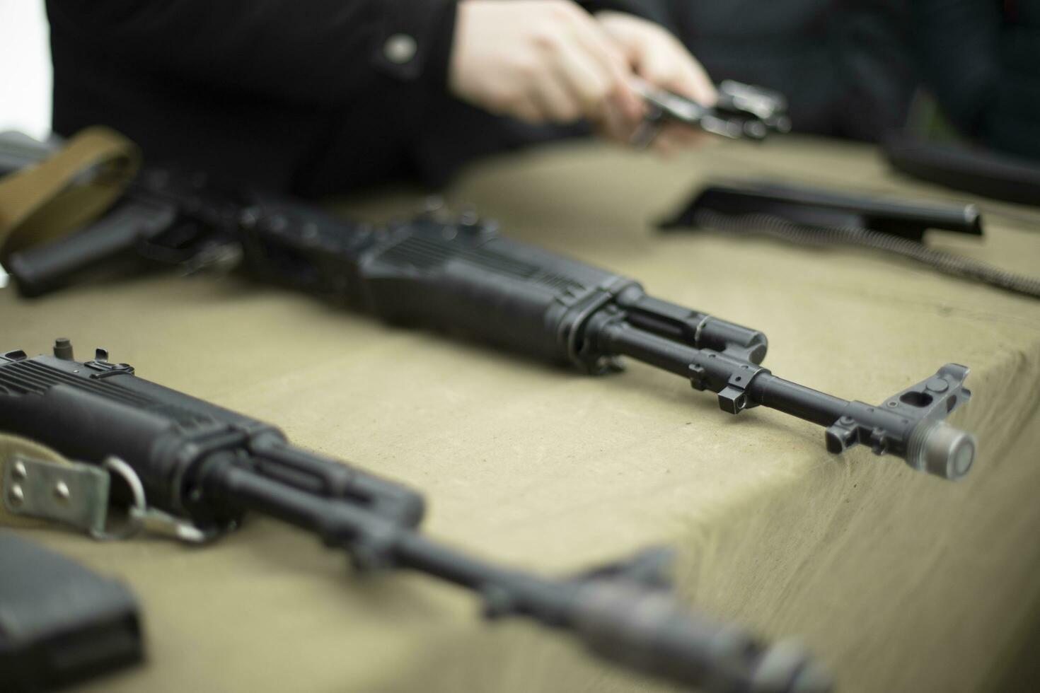 Military training in Russia. Firearm. Shooting training. Machine on table. photo