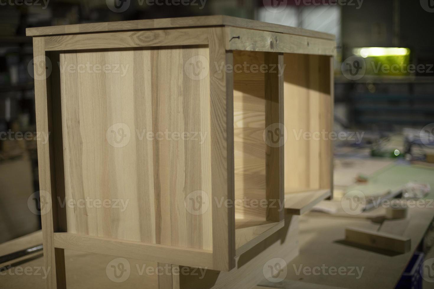 Furniture in workshop. Details of carpentry workshop. Furniture made of wood. photo