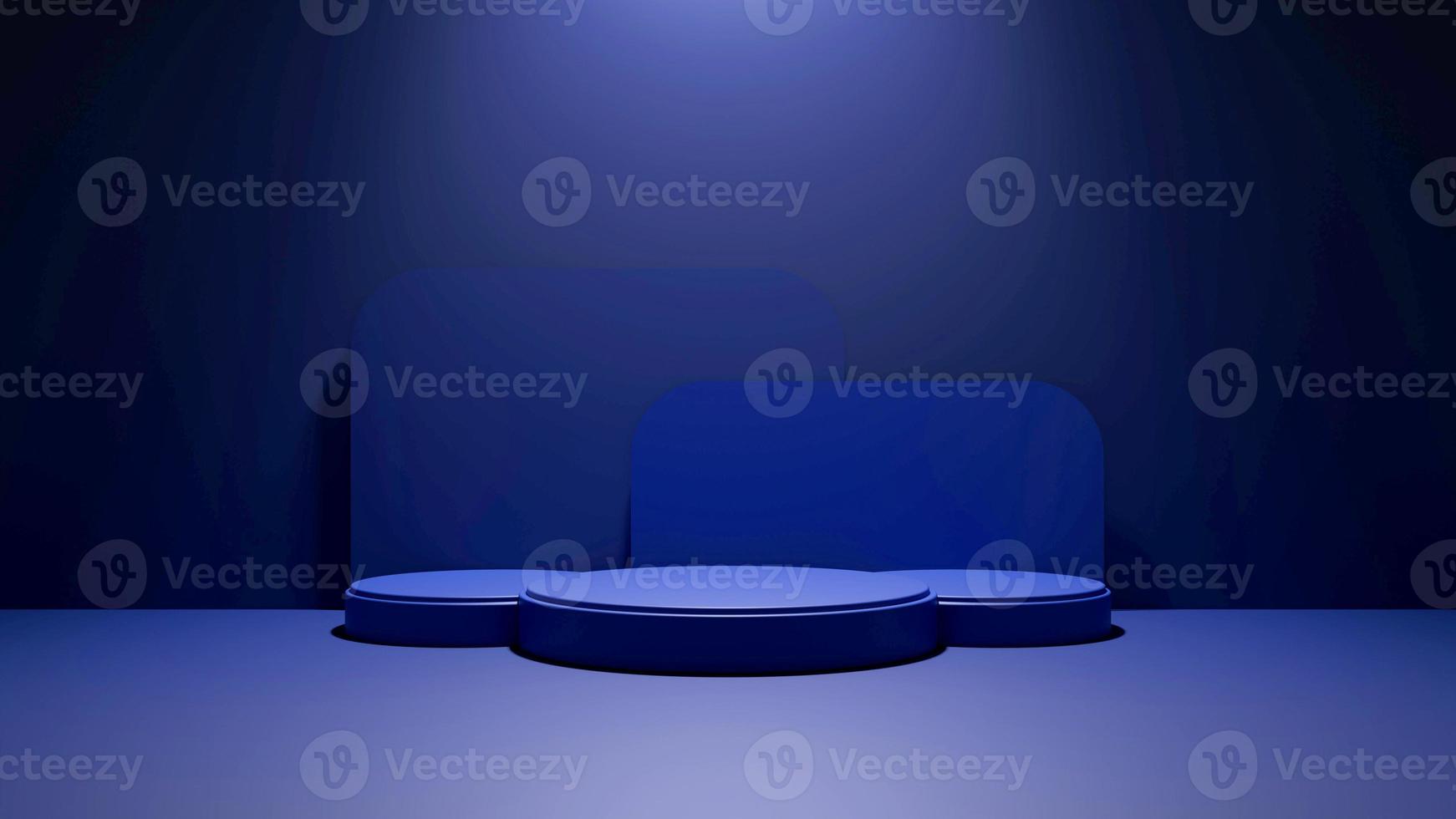 Dark blue 3d podium with large spotlights in the middle for product display and showcase photo