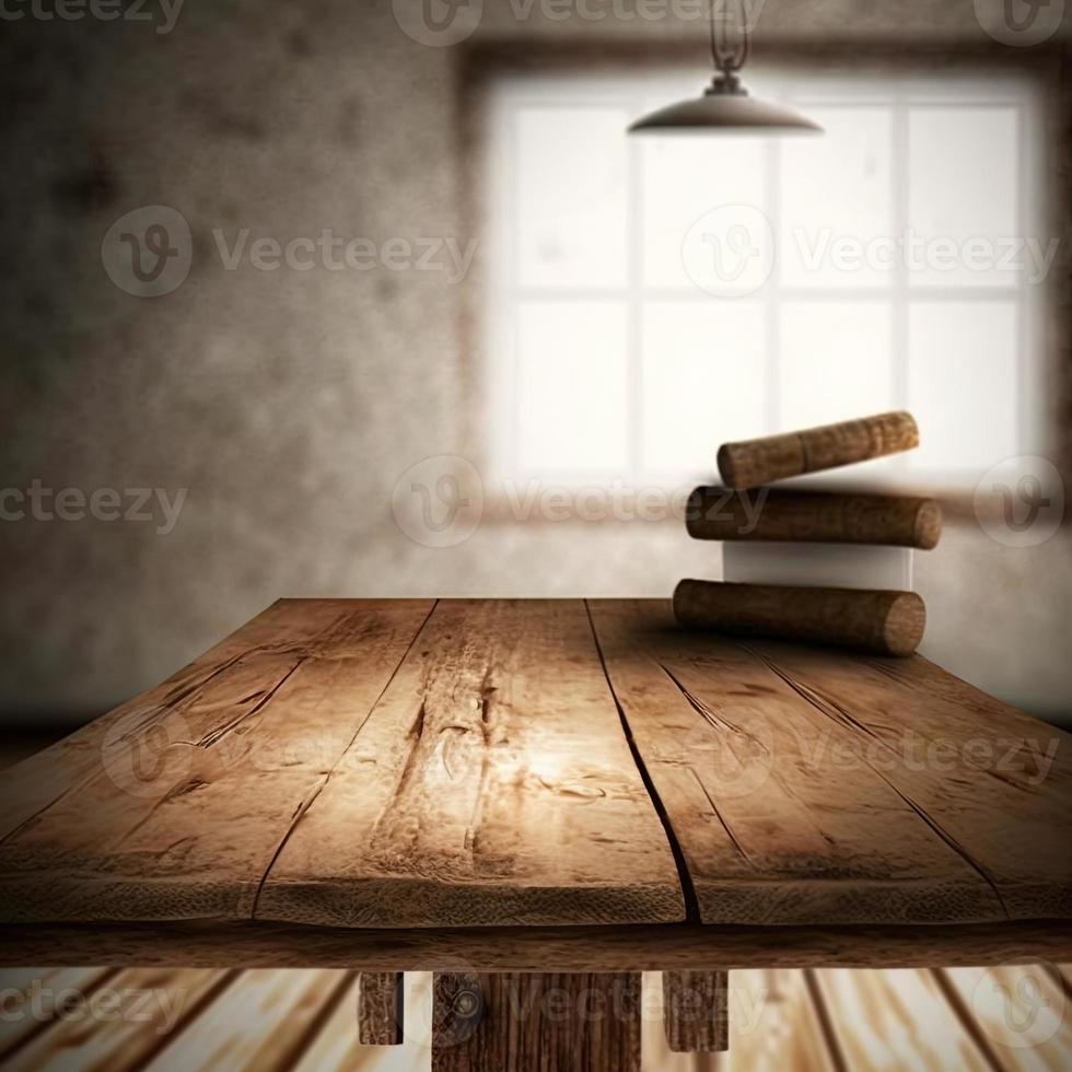 wooden rustic table and window decoration photo