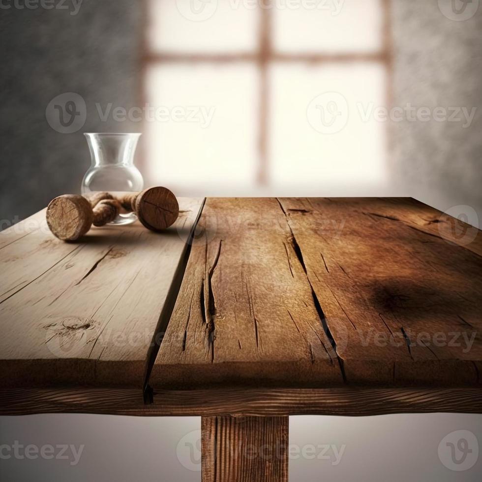 wooden rustic table and window decoration photo