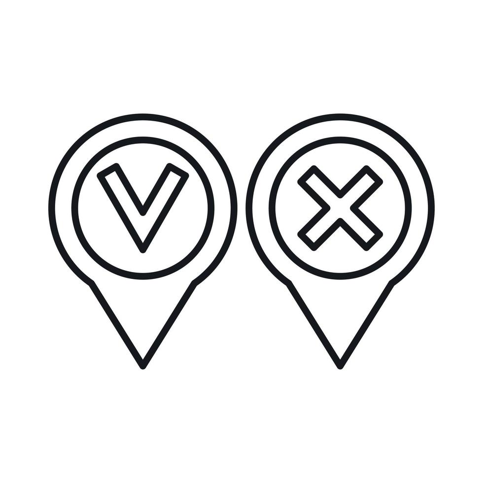 Pin with tick and cross icon, outline style vector