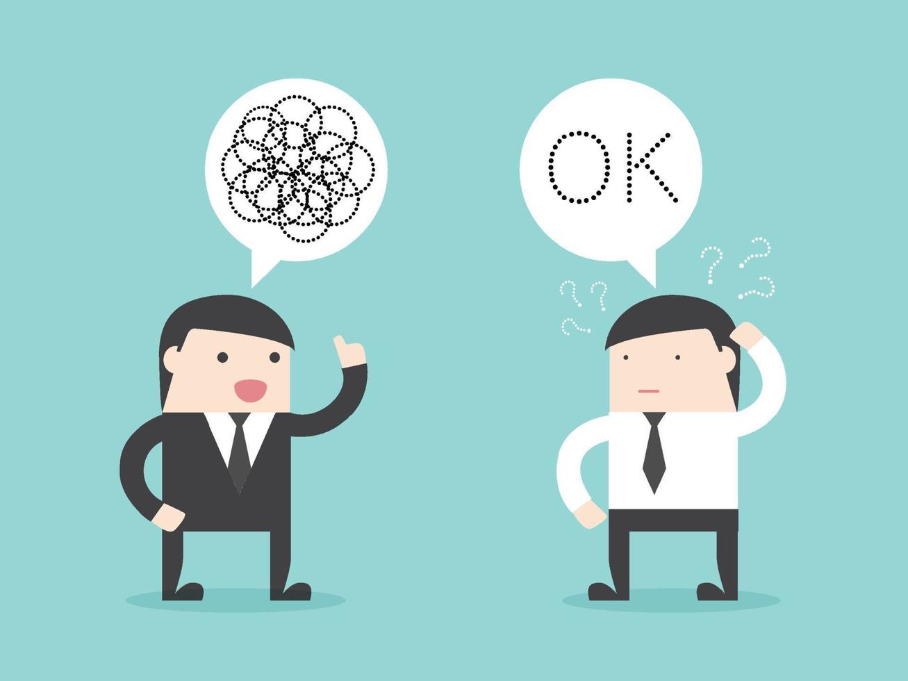Executive bad communication. businessman don't understand but say okey. Concept of bad communicate, office problem, talking confused, explain not clear. cartoon illustration. vector