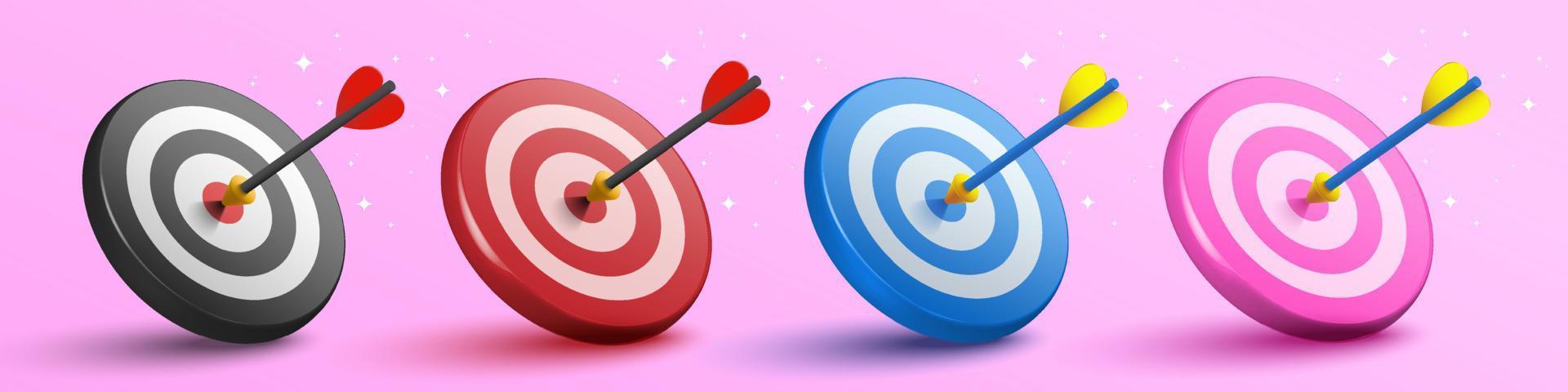 Colorful 3d dart hit to center of dartboard. Arrow on bullseye in target. Business success, investment goal, opportunity challenge, aim strategy, achievement focus concept. 3d vector illustration