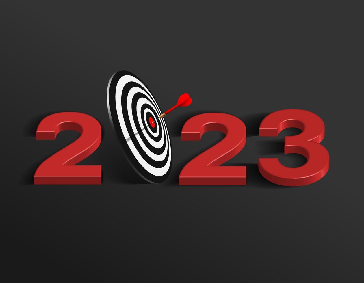 Red dart hit to center of dartboard between number. New Year 3d target and goals with symbol of 2023. Business success, investment goal, financial strategy, purpose achievement vector concept.