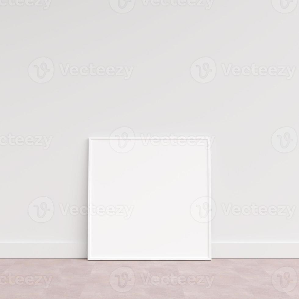 Empty picture frame on wooden floor leaning against wall. Blank poster frame standing on wooden floor. Blank poster frame mockup. Empty picture frame mockup. 3d rendering. photo