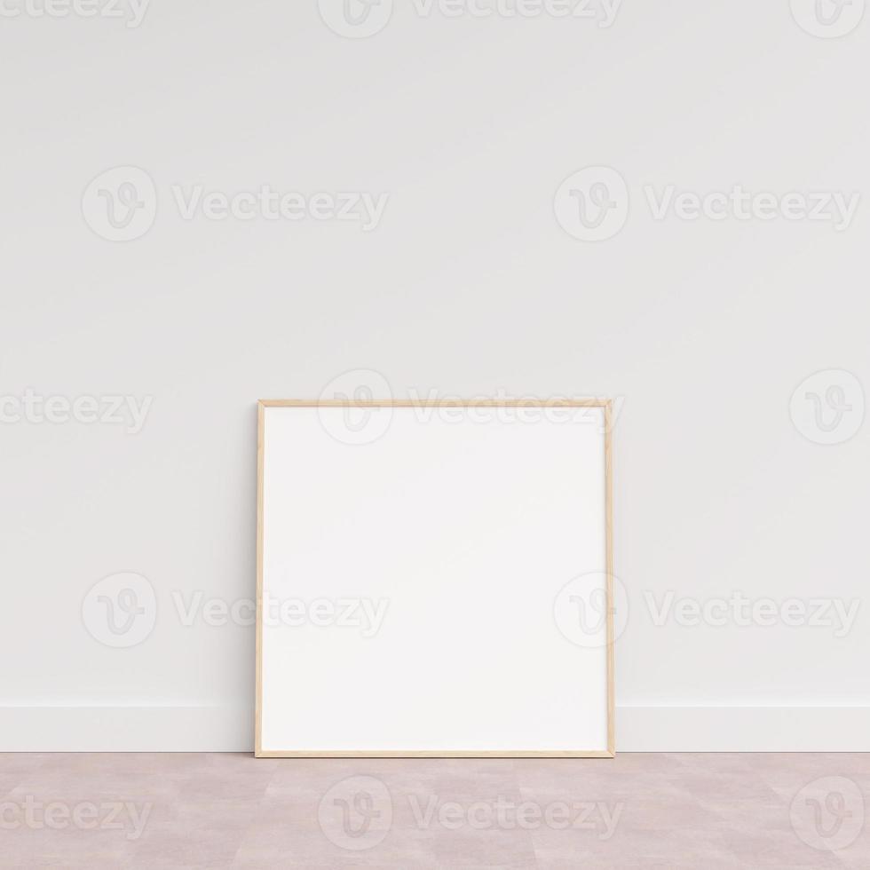 Empty picture frame on wooden floor leaning against wall. Blank poster frame standing on wooden floor. Blank poster frame mockup. Empty picture frame mockup. 3d rendering. photo
