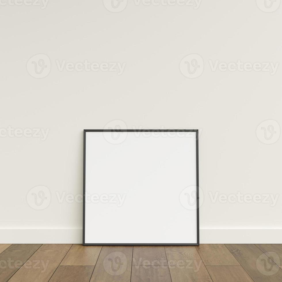 Empty picture frame on wooden floor leaning against wall. Blank poster frame standing on wooden floor. Blank poster frame mockup. Empty picture frame mockup. 3d rendering. photo