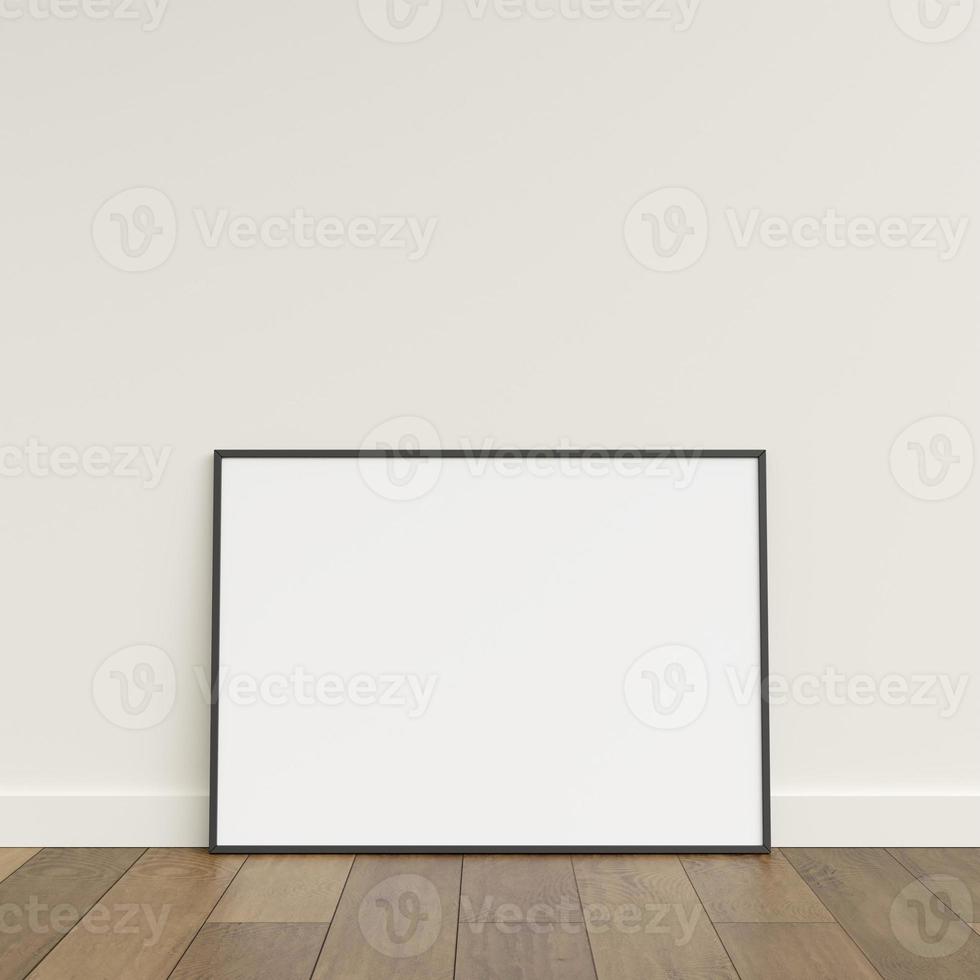 Empty picture frame on wooden floor leaning against wall. Blank poster frame standing on wooden floor. Blank poster frame mockup. Empty picture frame mockup. 3d rendering. photo