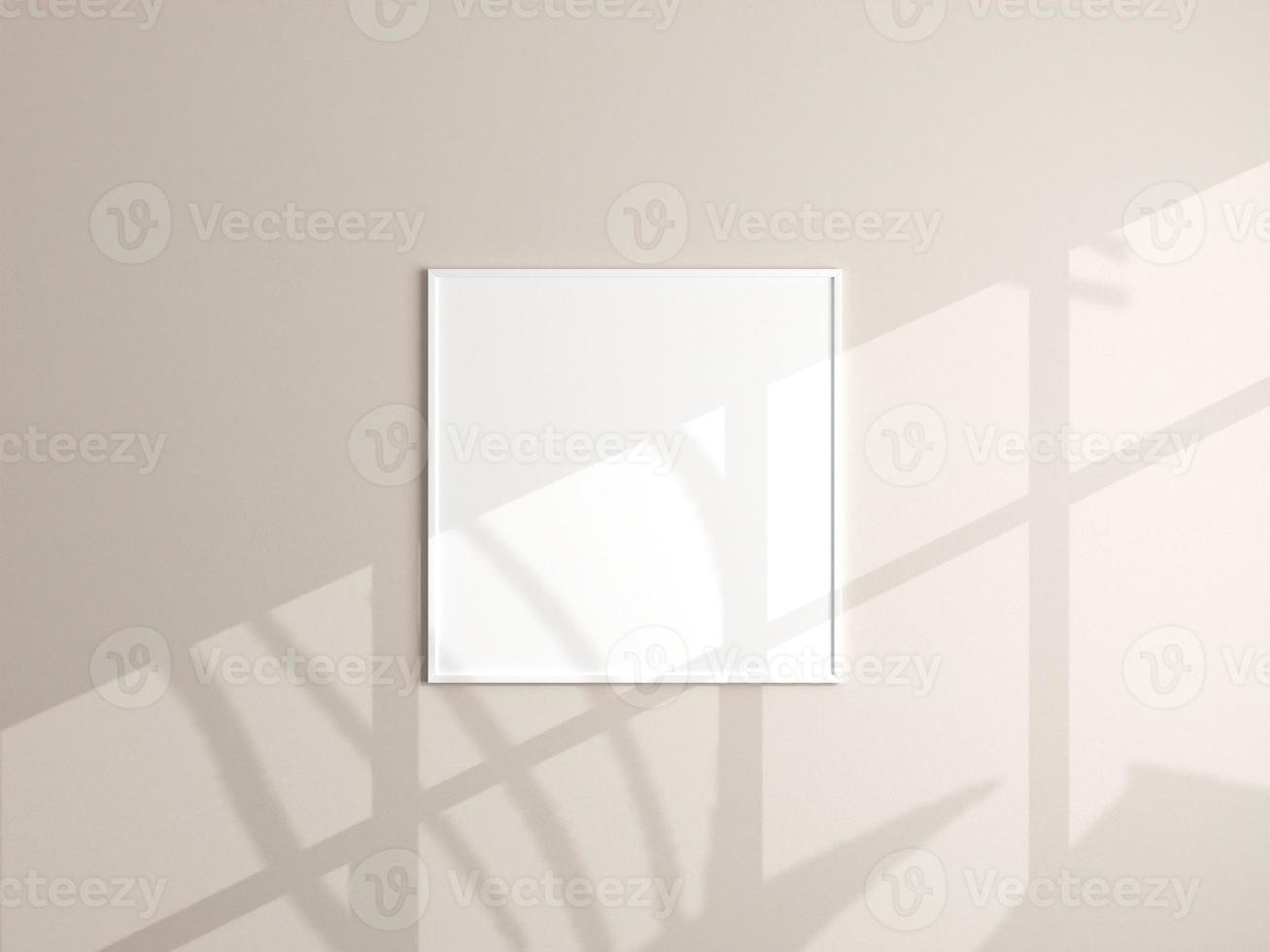 Photo frame mockup hanging on beige wall. Minimalist background. Blank picture frame mockup in living room. Poster mockup. Clean, modern, minimal frame. 3d rendering.
