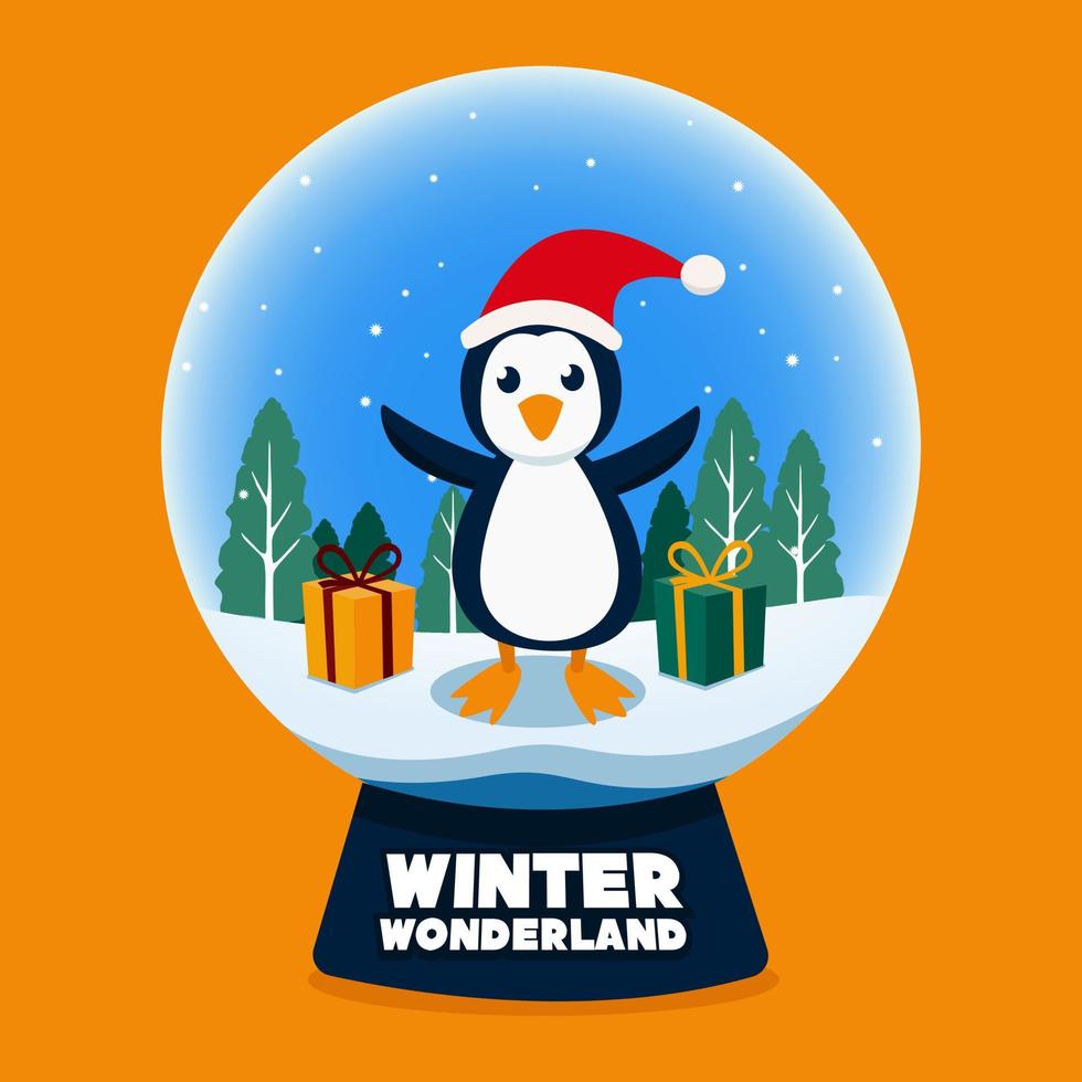 Snow Globe Winter Wonderland with Penguin and Gift Box vector