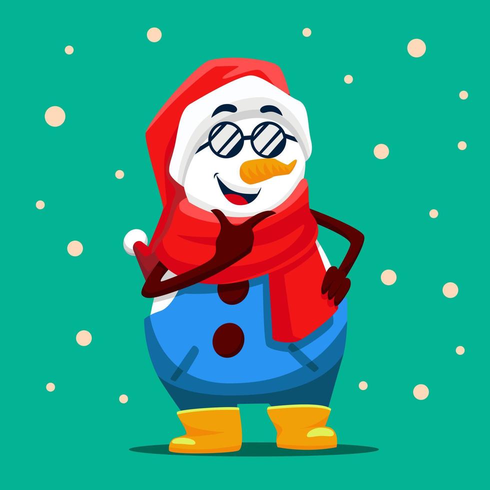 mascota de personaje de muñeco de nieve con estilo de moda con gafas y sombrero de santa en navidad vector