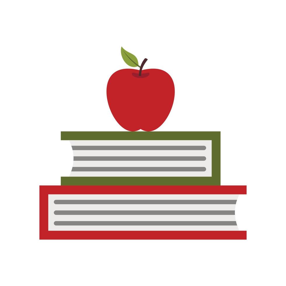 Two books with red apple icon, flat style vector