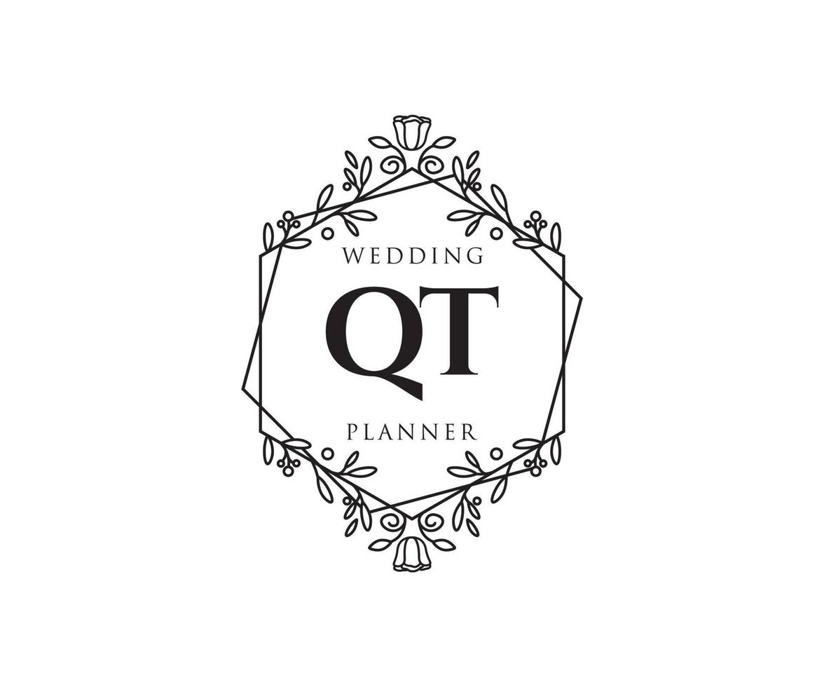 QT Initials letter Wedding monogram logos collection, hand drawn modern minimalistic and floral templates for Invitation cards, Save the Date, elegant identity for restaurant, boutique, cafe in vector
