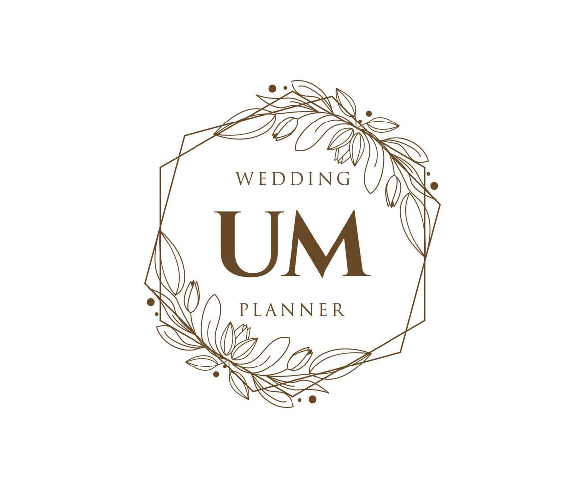 colección de logotipos de monograma de boda con letras iniciales de um, plantillas florales y minimalistas modernas dibujadas a mano para tarjetas de invitación, guardar la fecha, identidad elegante para restaurante, boutique, café en vector