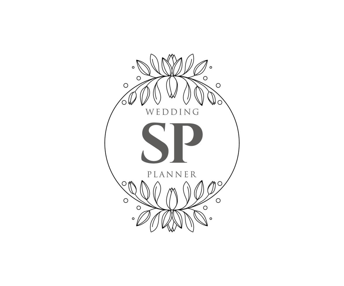 Colección de logotipos de monograma de boda con letras iniciales sp, plantillas florales y minimalistas modernas dibujadas a mano para tarjetas de invitación, guardar la fecha, identidad elegante para restaurante, boutique, café en vector