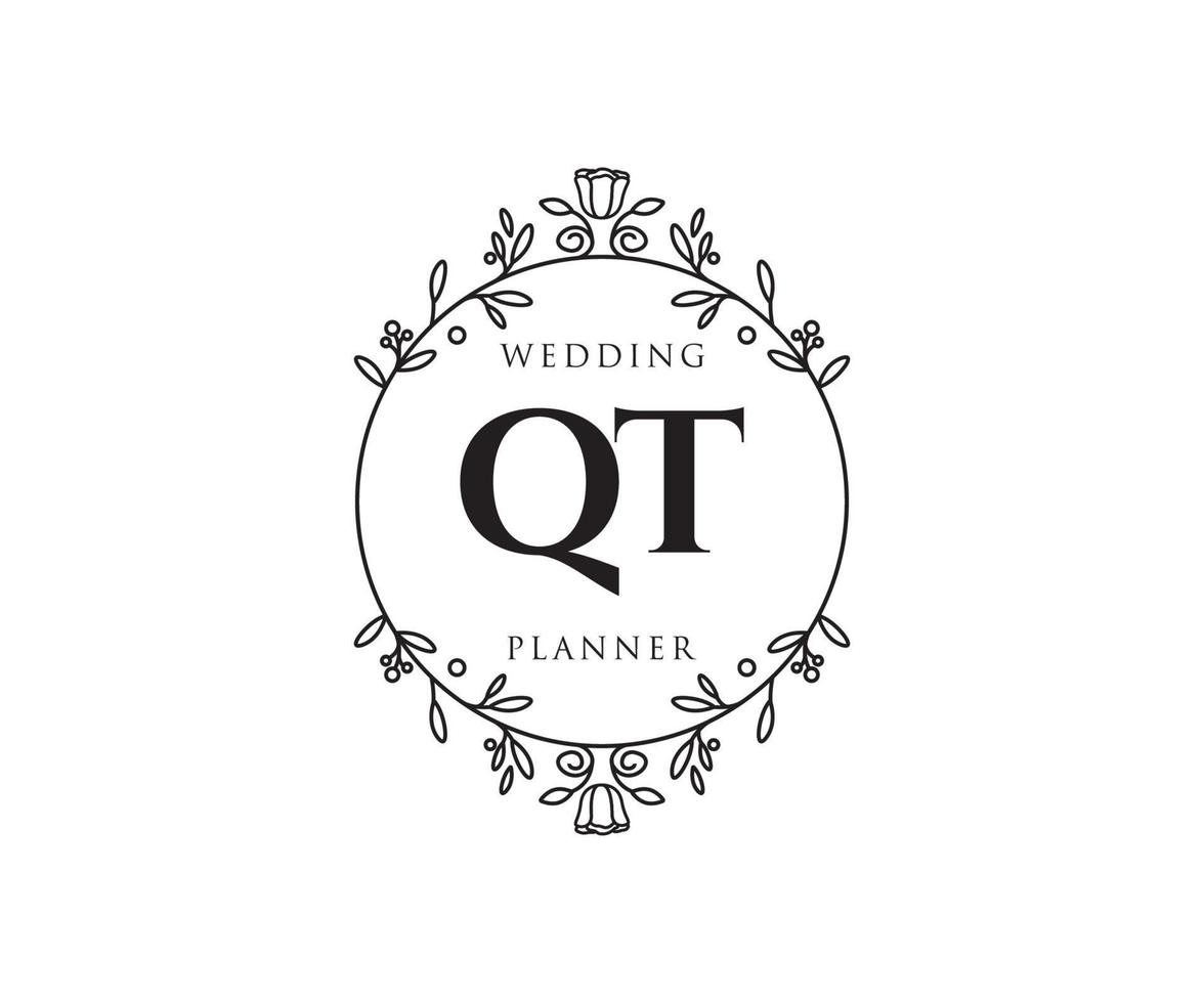 QT Initials letter Wedding monogram logos collection, hand drawn modern minimalistic and floral templates for Invitation cards, Save the Date, elegant identity for restaurant, boutique, cafe in vector