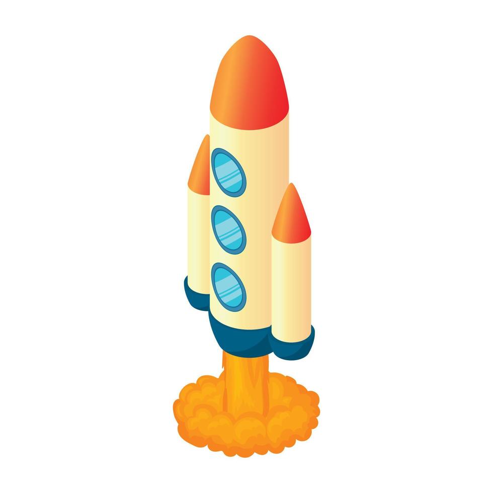 Rocket with three portholes icon, cartoon style vector