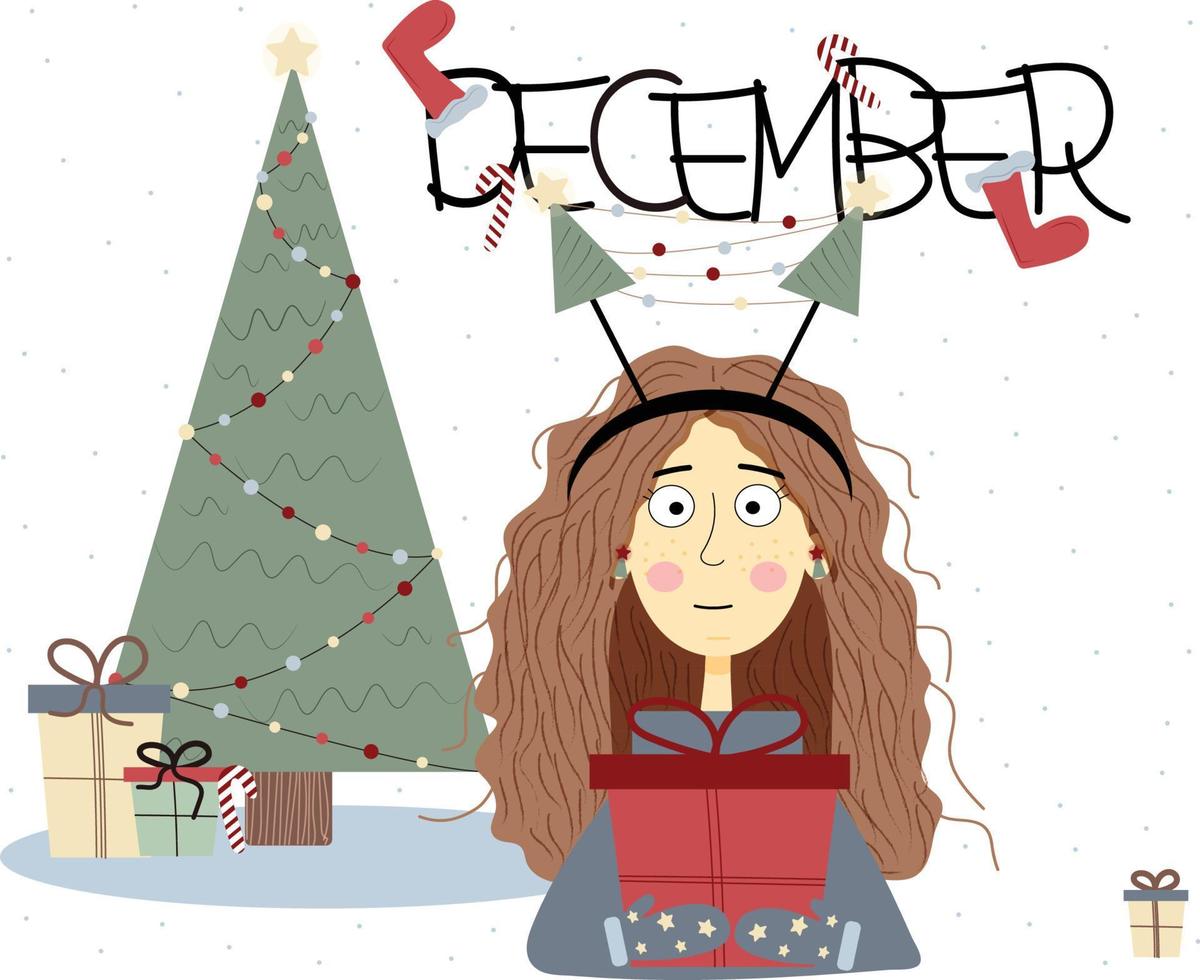 December cute girl in flat vector illustration. Calendar