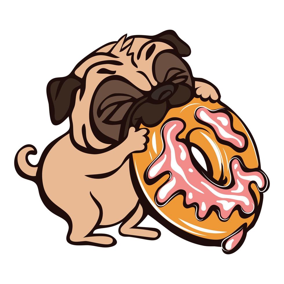 Pug eat donut icon, cartoon style vector