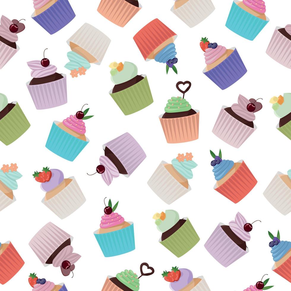 a seamless pattern with muffins with different fillings and decorations on a white background vector