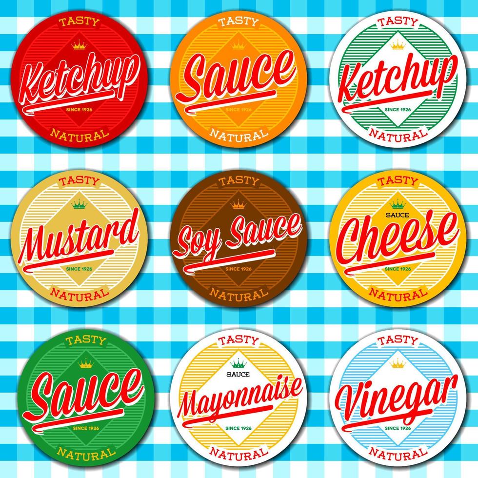 Set of ketchup, vinegar, mustard, soy, cheese and mayonnaise sauce vintage labels on blanket vector