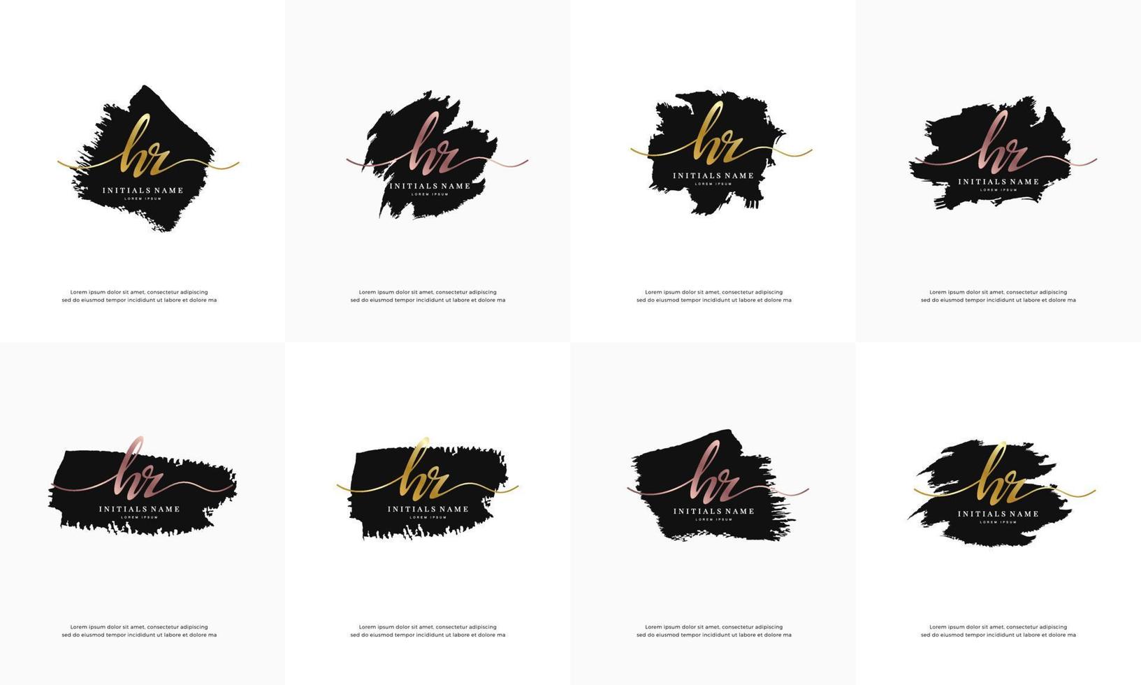 initial gold letter HR H R handwriting logo set design template on black brush vector