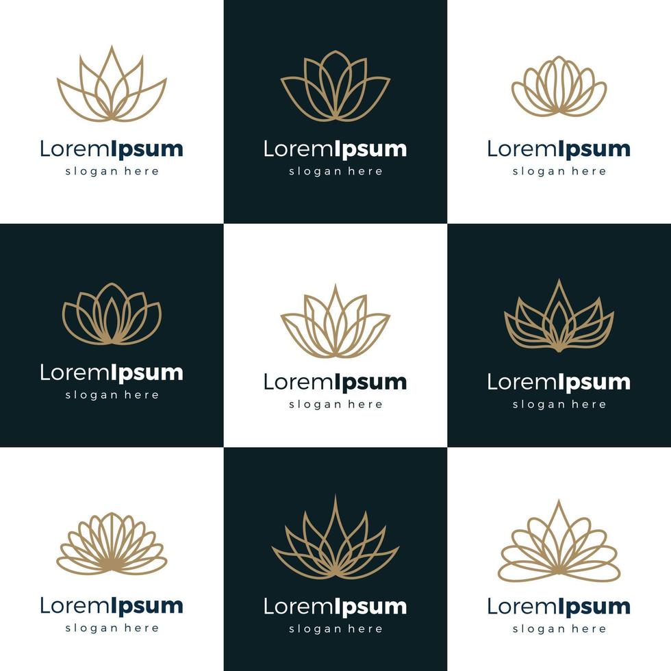 Vector set of logo design templates and emblems in trendy linear style in golden colors on black background - floral and natural cosmetics concepts and alternative medicine symbols