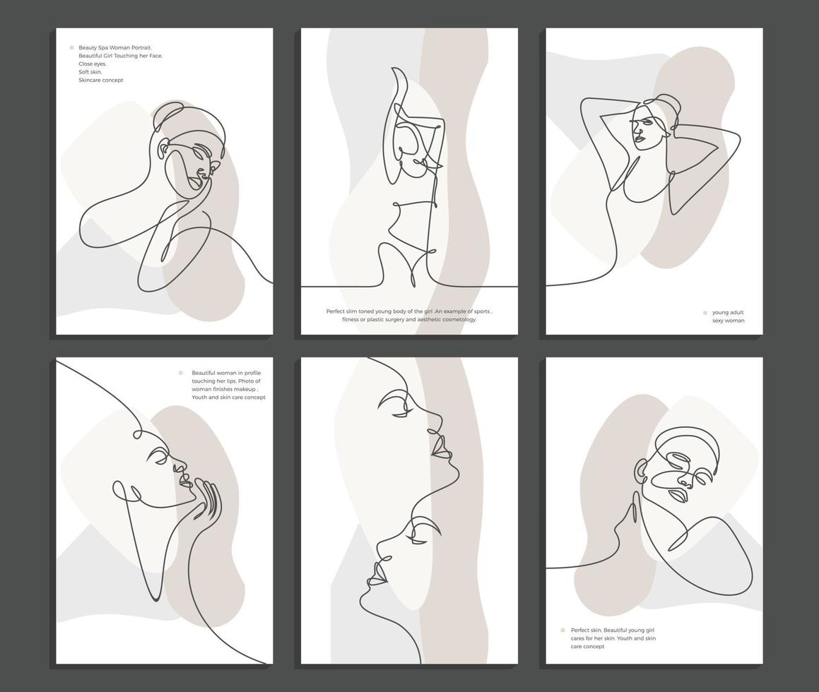 Continuous line, fashion concept, poster, woman beauty minimalist, drawing of set faces and hairstyle, Contemporary drawing in modern style isolated on colorful pastel textures with shapes background vector