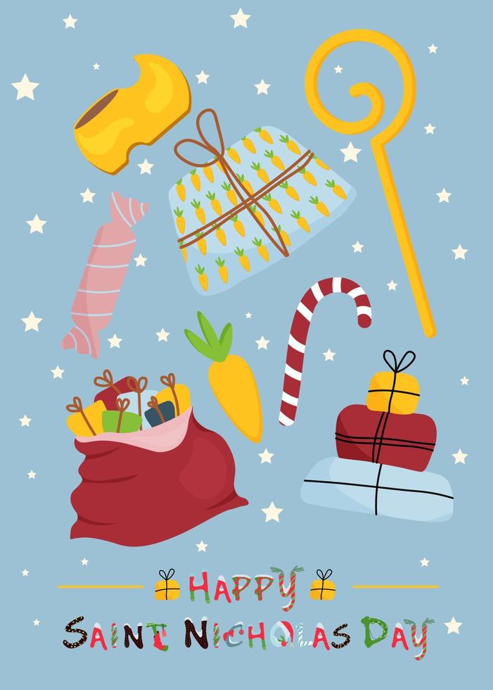 Nicholas elements. Hand drawn vector illustration. St. Nicholas Day postcard.Christmas caramel.