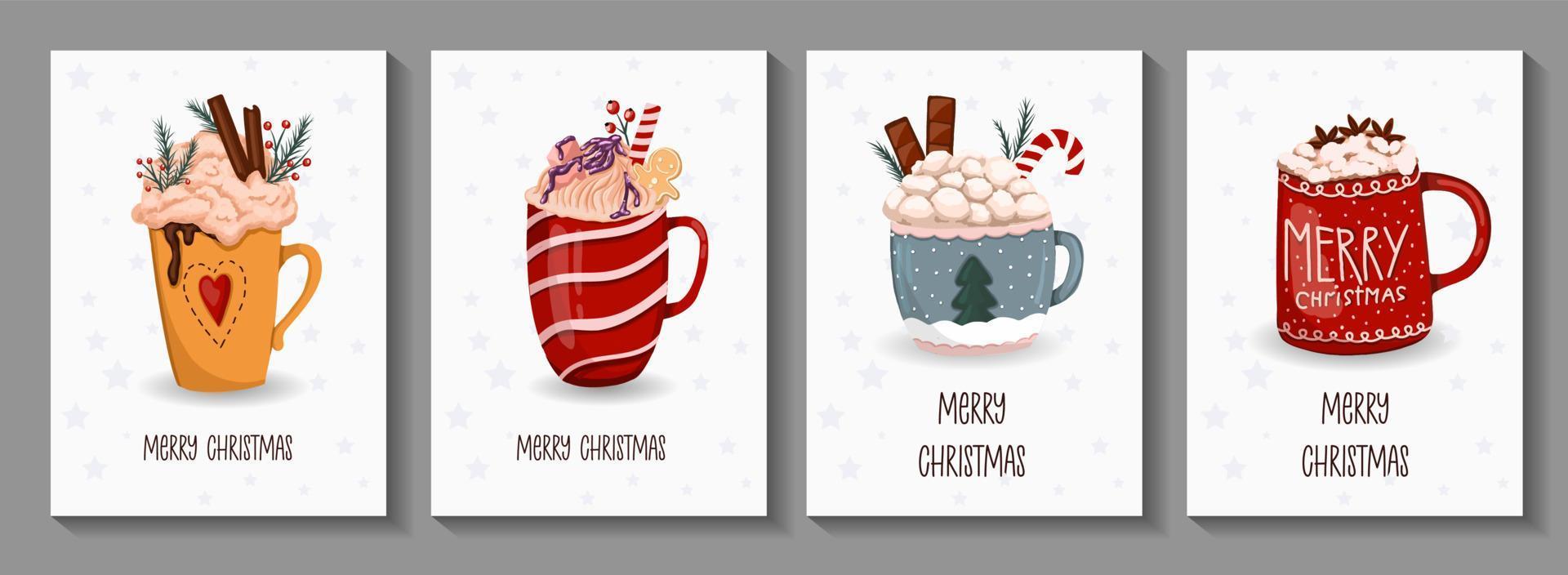 christmas card set with cute winter mugs. Drawn mugs with cocoa and hot chocolate, decorated with cinnamon sticks, cream and Christmas caramel. Cozy winter illustration in vintage style. Hygge style. vector